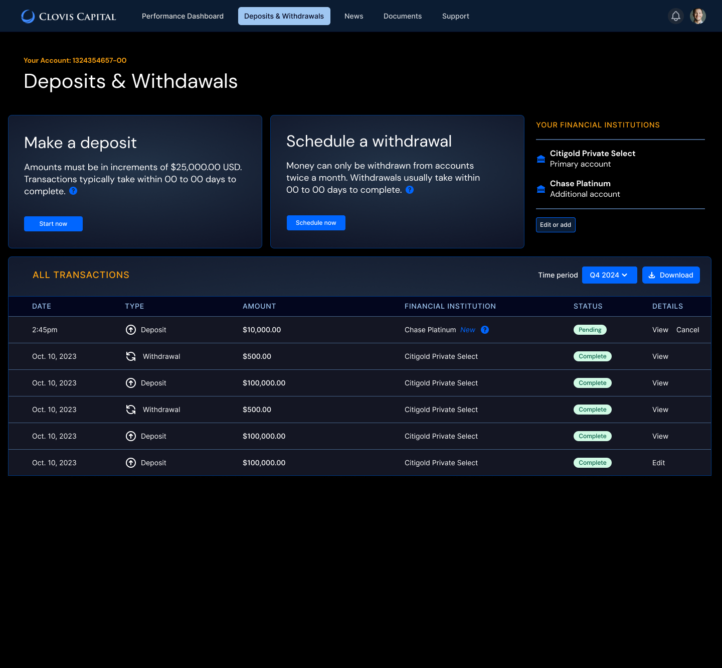 Deposits and withdrawals